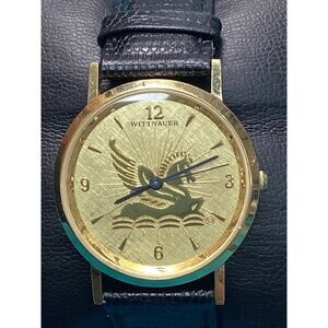 Wittnauer Mens Pegasus Black Leather Round Quartz Analog Watch New Battery